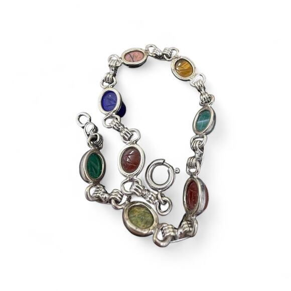 Vintage Gold Filled Scarab Bracelet Genuine Stones Chalcedony Onyx Tiger Eye - Picture 3 of 8